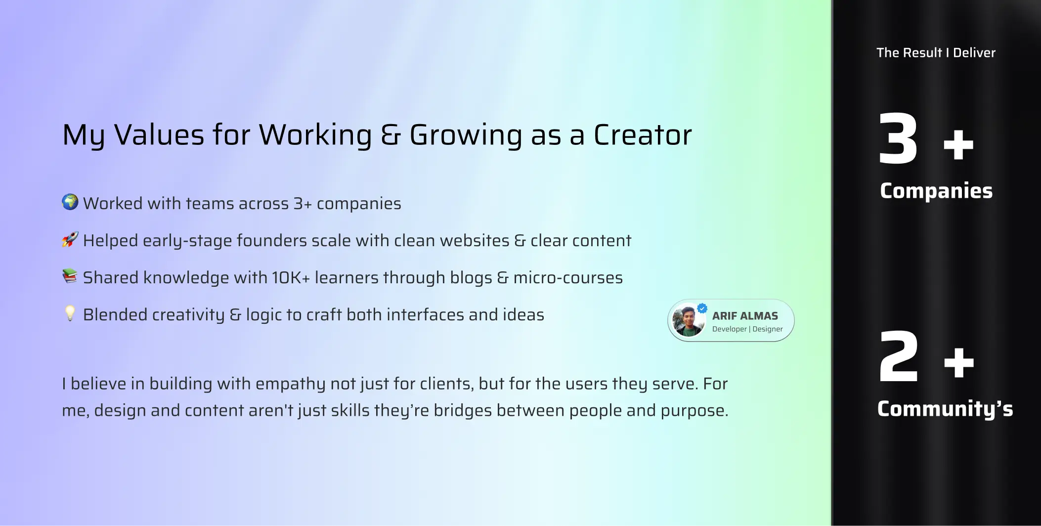 Visual representation for tip: My values and principles. Contributions and work experience.